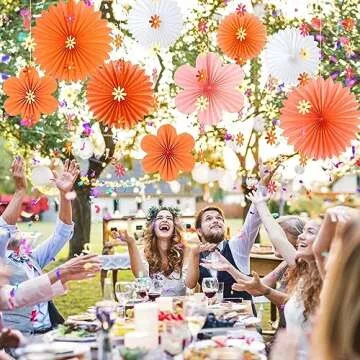 SUNBEAUTY Paper Fans Decorations Pink and Orange Party Decorations Flower Party Decorations Classroom Decoration Paper Floral Backdrop Decor Flower Wall Decor with Daisies,Set of 9