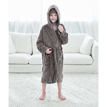 Kids Robe Children's Winter Soft Plush Hooded Outdoor Bath Robe with Pockets,Grey,XL
