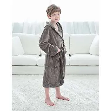Kids Robe Children's Winter Soft Plush Hooded Outdoor Bath Robe with Pockets,Grey,XL