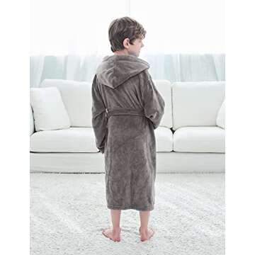 Kids Robe Children's Winter Soft Plush Hooded Outdoor Bath Robe with Pockets,Grey,XL