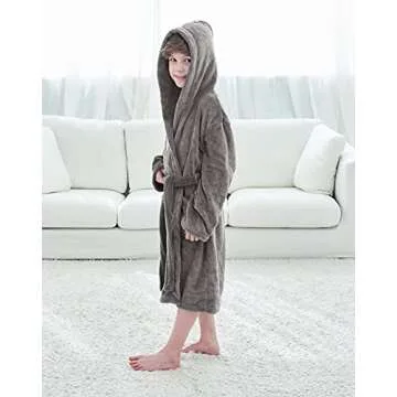 Kids Robe Children's Winter Soft Plush Hooded Outdoor Bath Robe with Pockets,Grey,XL