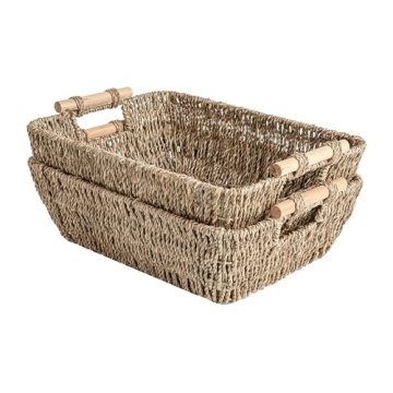 Hand-Woven Seagrass Storage Baskets with Wooden Handles 2-Pack