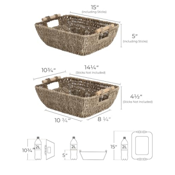 Hand-Woven Seagrass Storage Baskets with Wooden Handles 2-Pack