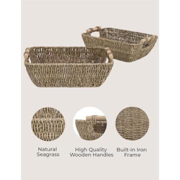 Hand-Woven Seagrass Storage Baskets with Wooden Handles 2-Pack