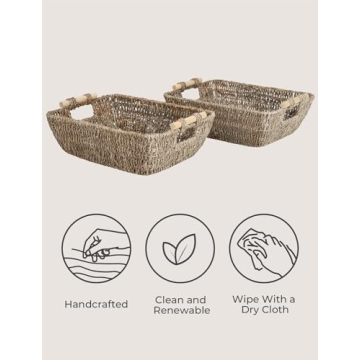 Hand-Woven Seagrass Storage Baskets with Wooden Handles 2-Pack