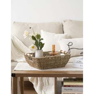 Hand-Woven Seagrass Storage Baskets with Wooden Handles 2-Pack