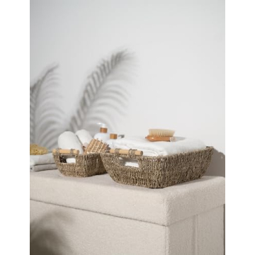 Hand-Woven Seagrass Storage Baskets with Wooden Handles 2-Pack