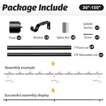 GEEBOBO Black Curtain Rods for Windows 72 to 144 Inch, 1 Inch Adjustable Heavy Duty Easy Install Curtain Rods Set for Outdoor, Patio, Farmhouse, Bedroom, Living Room (Black, 30"-150")