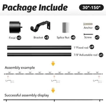 GEEBOBO Black Curtain Rods for Windows 72 to 144 Inch, 1 Inch Adjustable Heavy Duty Easy Install Curtain Rods Set for Outdoor, Patio, Farmhouse, Bedroom, Living Room (Black, 30"-150")