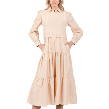 Women's Long Sleeve Midi Dress with Sweater Vest Casual Button Down Crew Neck Fall and Winter Outfit...