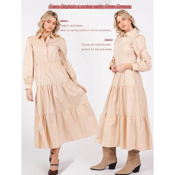 Women's Long Sleeve Midi Dress with Sweater Vest Casual Button Down Crew Neck Fall and Winter Outfit Sets Wedding Guest Dress Beige