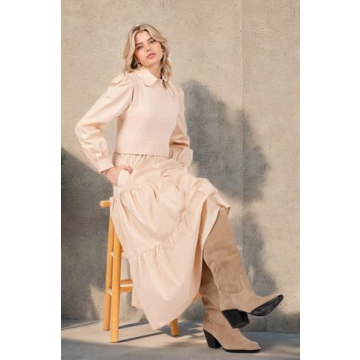 Women's Long Sleeve Midi Dress with Sweater Vest Casual Button Down Crew Neck Fall and Winter Outfit Sets Wedding Guest Dress Beige