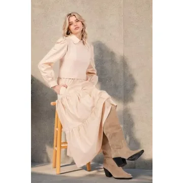 Women's Long Sleeve Midi Dress with Sweater Vest Casual Button Down Crew Neck Fall and Winter Outfit Sets Wedding Guest Dress Beige