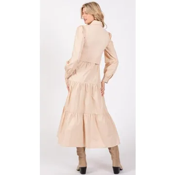 Women's Long Sleeve Midi Dress with Sweater Vest Casual Button Down Crew Neck Fall and Winter Outfit Sets Wedding Guest Dress Beige