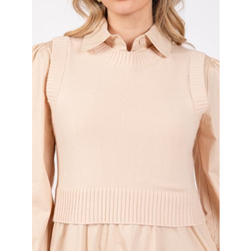 Women's Long Sleeve Midi Dress with Sweater Vest Casual Button Down Crew Neck Fall and Winter Outfit Sets Wedding Guest Dress Beige