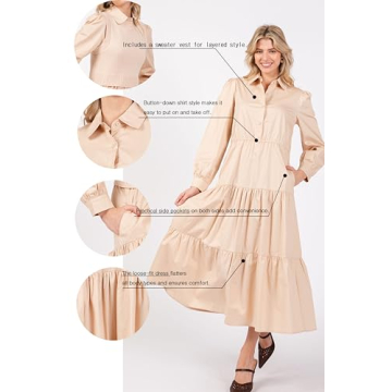 Women's Long Sleeve Midi Dress with Sweater Vest Casual Button Down Crew Neck Fall and Winter Outfit Sets Wedding Guest Dress Beige