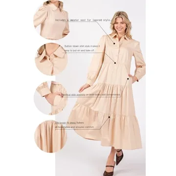 Women's Long Sleeve Midi Dress with Sweater Vest Casual Button Down Crew Neck Fall and Winter Outfit Sets Wedding Guest Dress Beige