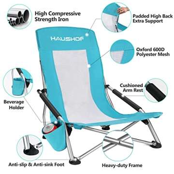 HAUSHOF High Back Beach Chair with Cup Holder - Portable Comfort