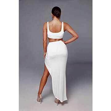 PRIMODA Women's 2 Piece Dress Outfit Sleeveless Tank Crop Bodycon High Slit Maxi Long Skirt Set(White S)