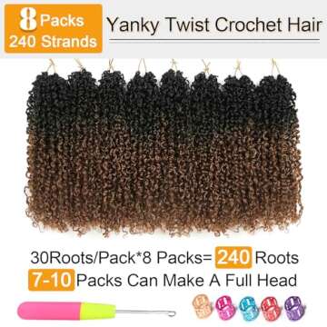 Aksice 8 Inch Yanky Twist Crochet Hair Pre-looped 8 Packs Yankee Twist Hair Brown Senegalese Twists Crochet Hair with Curly Ends Synthetic Crochet Braids (OT30)