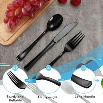 150 Pieces Disposable Cutlery Set Plastic Silverware Heavy Duty Utensil Sets 50 Forks 50 Knives 50 Spoons for Home Office School Party Picnics Restaurant Outdoor Events or Every Day Use (Black)