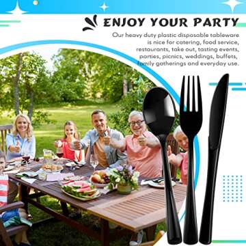 150 Pieces Disposable Cutlery Set Plastic Silverware Heavy Duty Utensil Sets 50 Forks 50 Knives 50 Spoons for Home Office School Party Picnics Restaurant Outdoor Events or Every Day Use (Black)