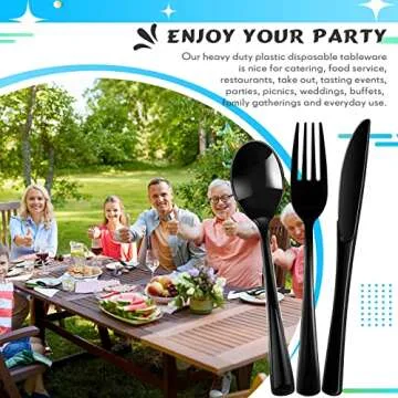 150 Pieces Disposable Cutlery Set Plastic Silverware Heavy Duty Utensil Sets 50 Forks 50 Knives 50 Spoons for Home Office School Party Picnics Restaurant Outdoor Events or Every Day Use (Black)