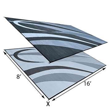 Stylish Camping GB1 8-Feet x 16-Feet RV Reversible Graphic Patio Mat, Black/Silver