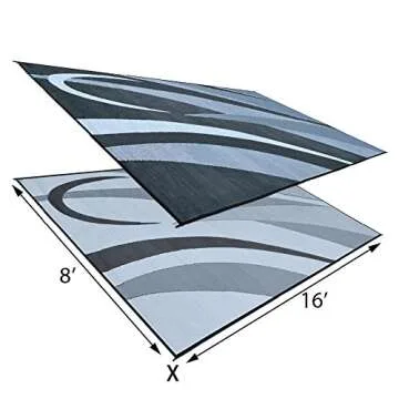 Stylish Camping GB1 8-Feet x 16-Feet RV Reversible Graphic Patio Mat, Black/Silver