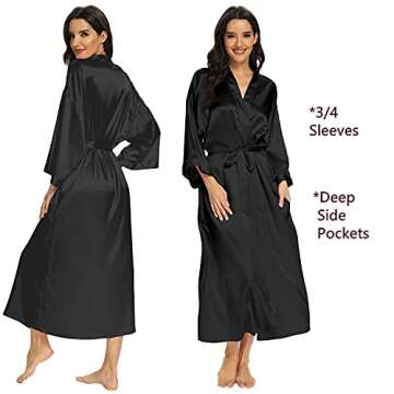 MizzGenio Women's Long Satin Robes - Elegant Lightweight Sleepwear in Black (S/M)