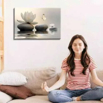 Zen White Lotus Canvas Wall Art Spa Room Meditation Wall Decor Pictures Peaceful Stone Yellow Butter...