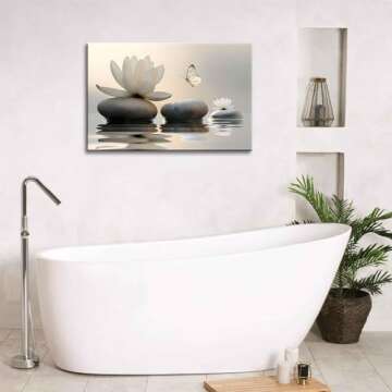 Zen White Lotus Canvas Wall Art Spa Room Meditation Wall Decor Pictures Peaceful Stone Yellow Butterfly Breathe Posters Prints for Bathroom Room Modern Yoga Spiritual Spa Living Bedroom Decoration