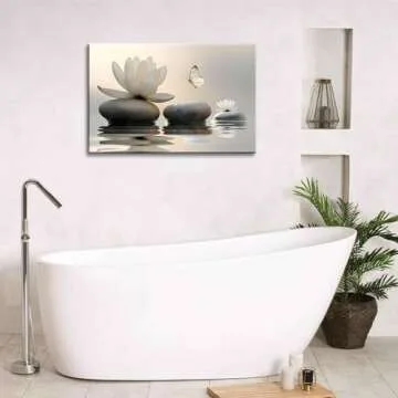 Zen White Lotus Canvas Wall Art Spa Room Meditation Wall Decor Pictures Peaceful Stone Yellow Butterfly Breathe Posters Prints for Bathroom Room Modern Yoga Spiritual Spa Living Bedroom Decoration