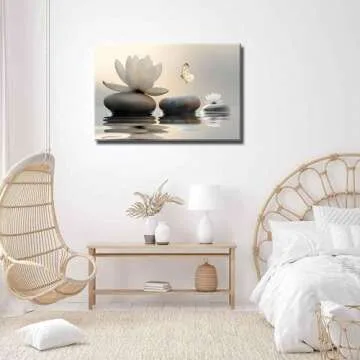 Zen White Lotus Canvas Wall Art Spa Room Meditation Wall Decor Pictures Peaceful Stone Yellow Butterfly Breathe Posters Prints for Bathroom Room Modern Yoga Spiritual Spa Living Bedroom Decoration