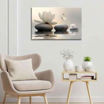 Zen White Lotus Canvas Wall Art Spa Room Meditation Wall Decor Pictures Peaceful Stone Yellow Butterfly Breathe Posters Prints for Bathroom Room Modern Yoga Spiritual Spa Living Bedroom Decoration