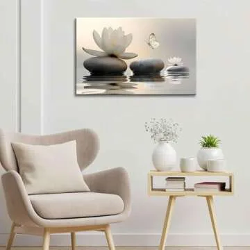 Zen White Lotus Canvas Wall Art Spa Room Meditation Wall Decor Pictures Peaceful Stone Yellow Butterfly Breathe Posters Prints for Bathroom Room Modern Yoga Spiritual Spa Living Bedroom Decoration