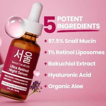 SeoulCeuticals 1% Korean Retinol Night Serum for Face - 97.5% Snail Mucin + Hyaluronic Acid + Bakuchiol, Cruelty Free K Beauty for Sensitive Skin 1oz