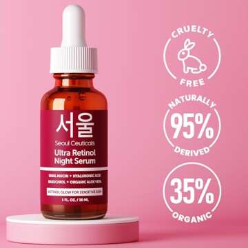 SeoulCeuticals 1% Korean Retinol Night Serum for Face - 97.5% Snail Mucin + Hyaluronic Acid + Bakuchiol, Cruelty Free K Beauty for Sensitive Skin 1oz