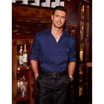 COOFANDY Mens Shirt Urban Stylish Casual Business Slim Fit Button Up Dress - Deep Blue, Large, Long ...
