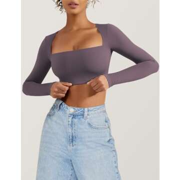 VOYJOY Women's Square Neck Crop Top Workout Tops Long Sleeve Shirts Cropped T Shirts Women Cute Top