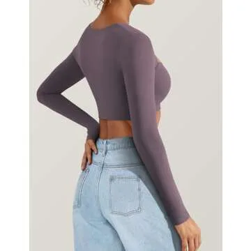 VOYJOY Women's Square Neck Crop Top Workout Tops Long Sleeve Shirts Cropped T Shirts Women Cute Top