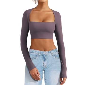 VOYJOY Women's Square Neck Crop Top Workout Tops Long Sleeve Shirts Cropped T Shirts Women Cute Top