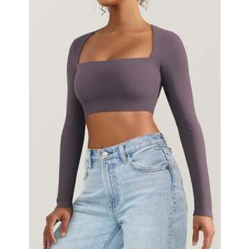 VOYJOY Women's Square Neck Crop Top Workout Tops Long Sleeve Shirts Cropped T Shirts Women Cute Top