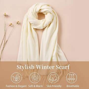 Womens Winter Scarf - Fashion Scarf Shawl with Cashmere Feel, Warm Soft Blanket Scarf Pashmina Shawl and Wrap, Travel Office Winter Wedding, Evening Dresses Large Scarves gifts for women, White
