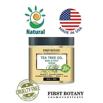 First Botany Cosmeceuticals, 100% Natural Tea Tree Oil Body & Foot Scrub with Salt - Best for Acne, Dandruff and Warts, Helps with Corns, Calluses, Athlete foot, Jock Itch & Body Odor