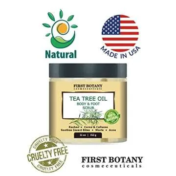 First Botany Cosmeceuticals, 100% Natural Tea Tree Oil Body & Foot Scrub with Salt - Best for Acne, Dandruff and Warts, Helps with Corns, Calluses, Athlete foot, Jock Itch & Body Odor