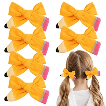 Back to School Pencil Hair Bows and Clips: Hand-Painted Yellow Schoolgirl Pigtail Accessories, Perfe...