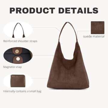 Suede Tote Shoulder Bags for Women 2024, Slouchy Hobo Handbag with Large Capacity, Suede Purse for Fall Work Travel Office (Brown)
