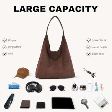 Suede Tote Shoulder Bags for Women 2024, Slouchy Hobo Handbag with Large Capacity, Suede Purse for Fall Work Travel Office (Brown)