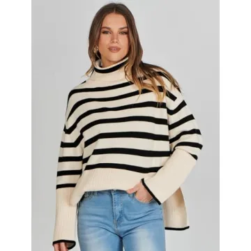 ANRABESS Womens Oversized Turtleneck Sweaters 2024 Long Sleeve Split Hem Knit Striped Pullover Sweater Top Casual Trendy Fall Outfits Black-Khaki Small